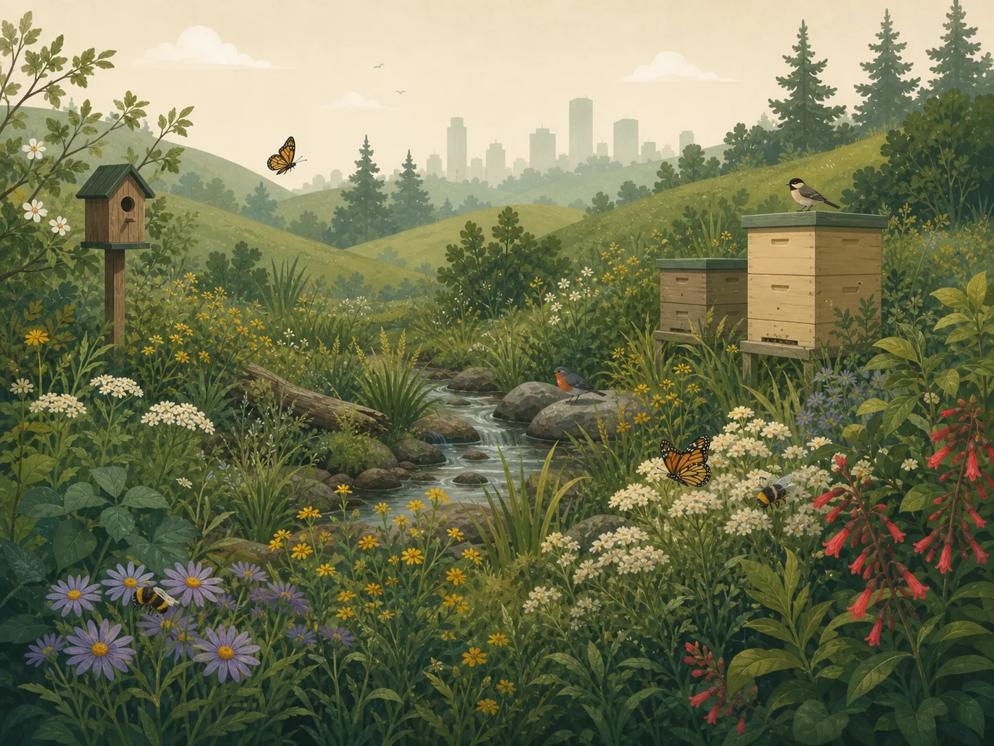 Native wildflower habitat with creek, birdhouse, bee boxes, butterflies, bees, and Portland skyline